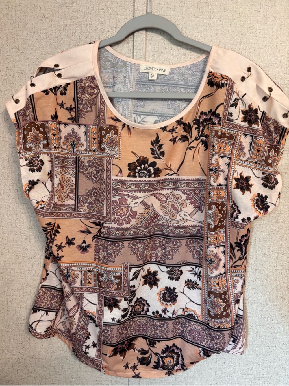 Peach Patchwork Floral Short Sleeve Top XL